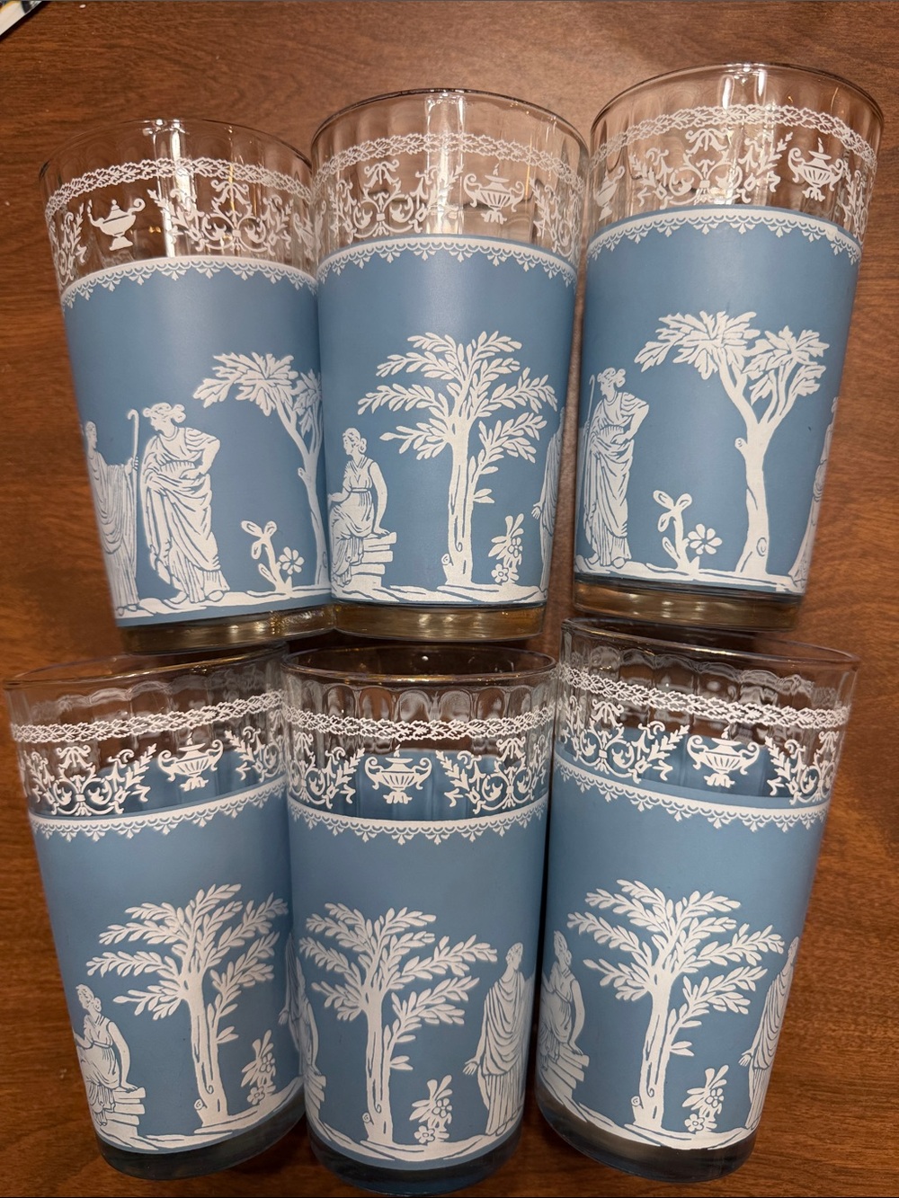 Vintage Mid-Century Jeannette Glass Hellenic Grecian Blue Tumblers Set of 6